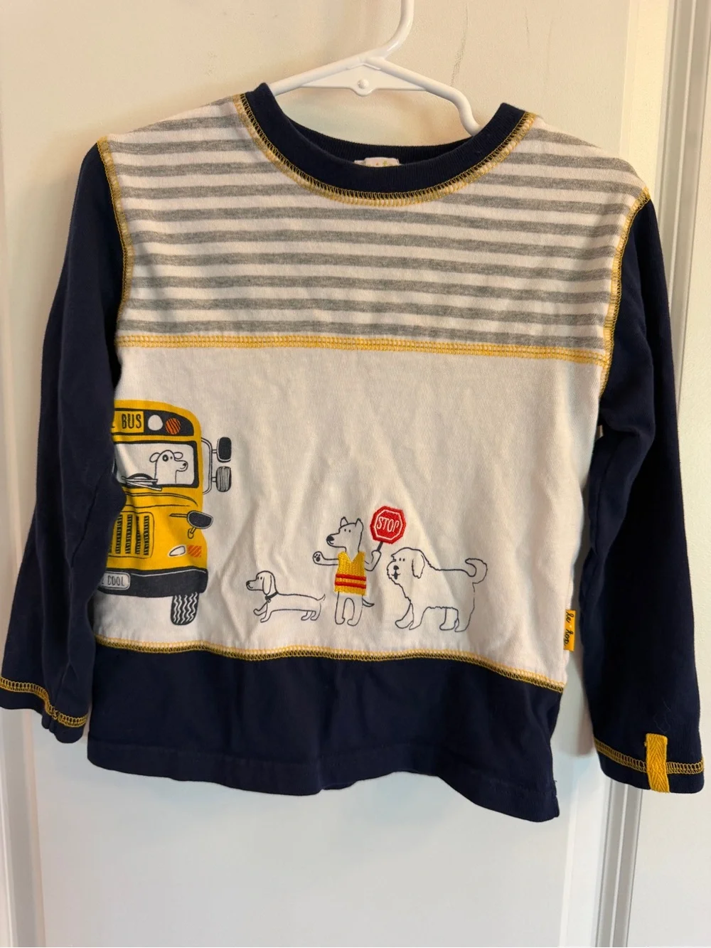 Kids Long-Sleeve School Bus & Dogs Tee in Navy and Yellow